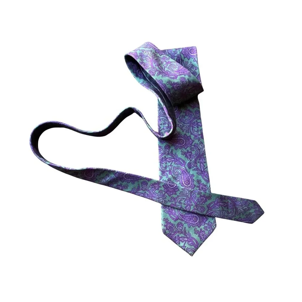 Vintage Bert Pulitzer Lord & Taylor Silk Tie Teal Purple Floral Paisley Foulard